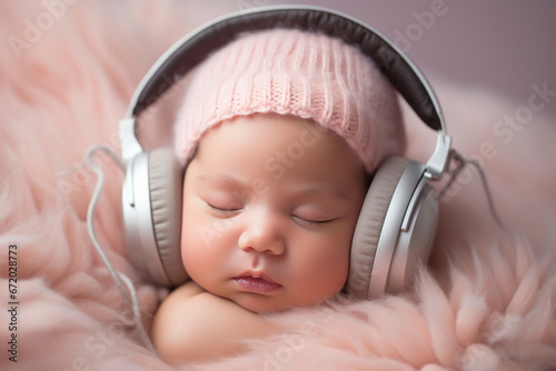 Cute baby wearing headphone while sleeping