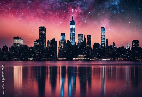 AI generated illustration of the New York City sky illuminated at night against a starry sky