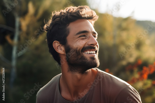 Young man hiker smiling on nature background.