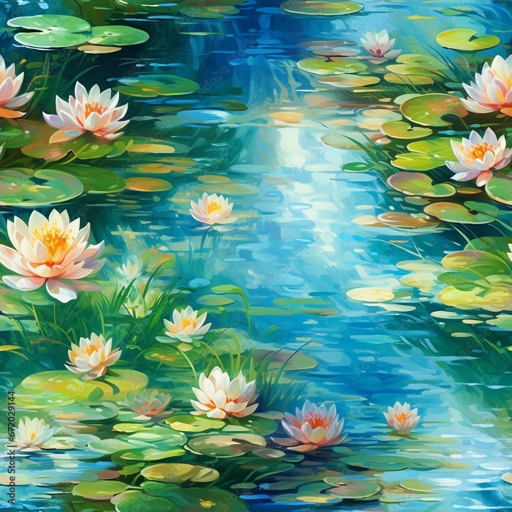 Tranquil water lily painting in a stunning blue and green color palette, AI-generated.