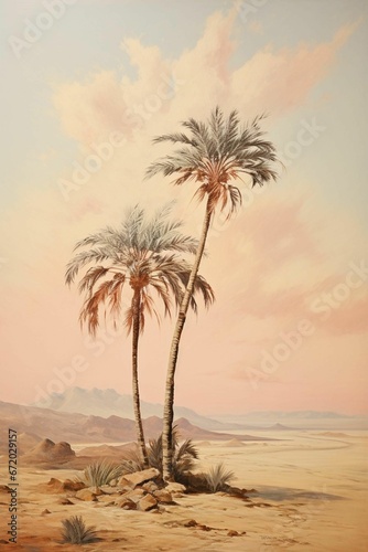 Artistic representation of two palm trees standing in a sandy, arid landscape, AI-generated.