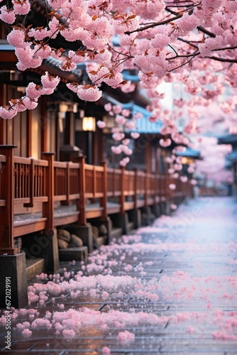 AI generated illustration of a street scene with a vibrant pink cherry blossom tree