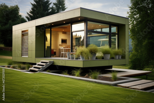 The outer appearance of a tiny container house  with grass lawn