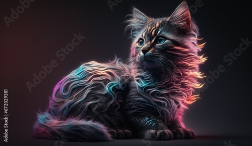 AI generated illustration of a beautiful fantasy cat with glowing purple fur