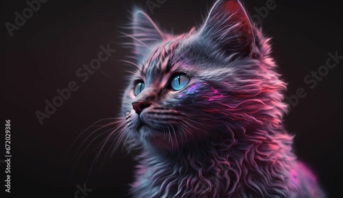 AI generated illustration of a beautiful fantasy cat with glowing purple fur