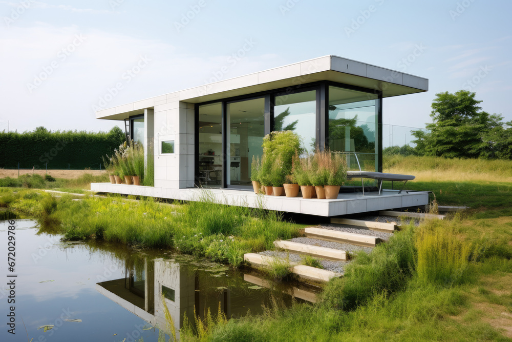 The outer appearance of a tiny container house, with grass lawn