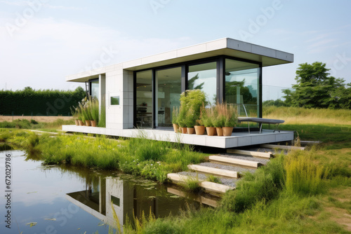The outer appearance of a tiny container house, with grass lawn © Kien