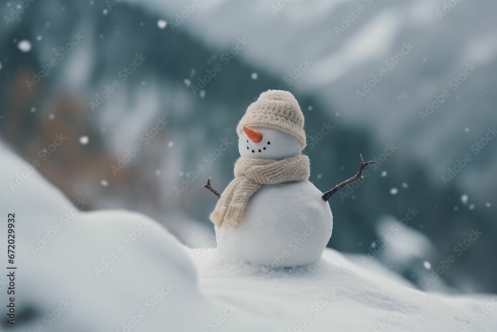 Obraz premium AI generated illustration of a tiny snowman on a pile of freshly fallen snow