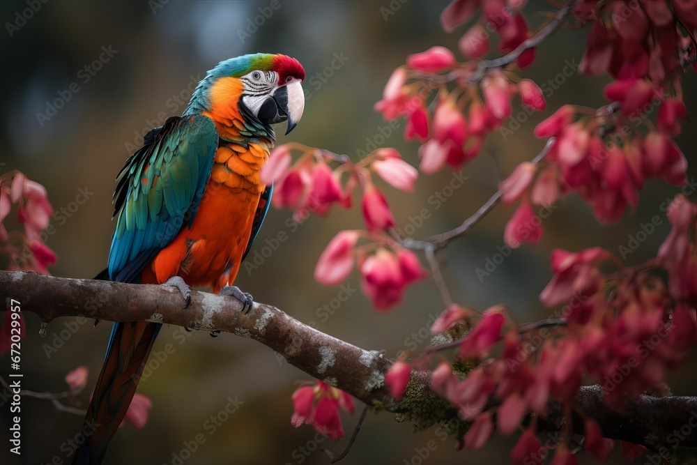 AI generated illustration of a vibrant parrot perched on a tree branch
