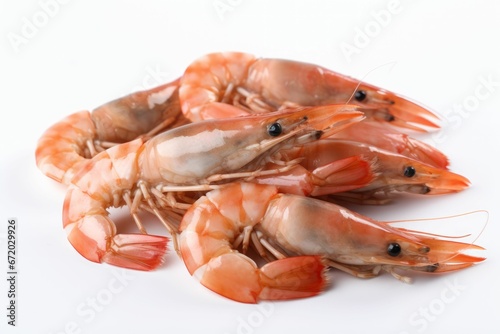 AI generated illustration of a pile of succulent shrimps on a white background