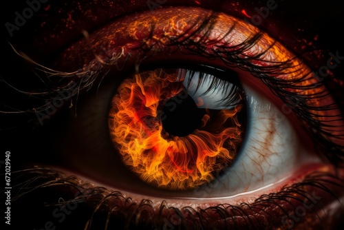 AI generated illustration of a human eye with intense flames in the pupil © Wirestock