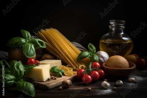AI generated illustration of raw spaghetti, cheese, garlic, tomatoes, and basil for pasta