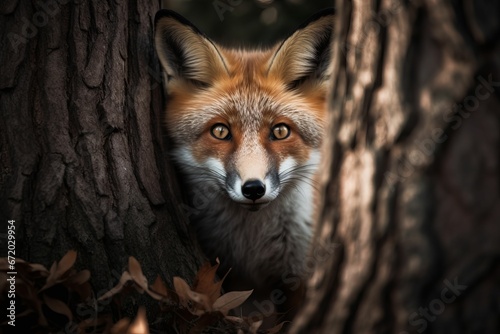 AI generated illustration of a red fox with a piercing faze looking through trees