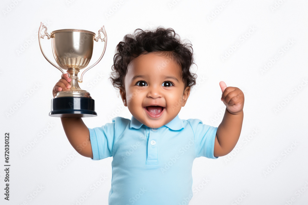 Cute little child champion holding trophy on white background. Cute little child champion holding trophy on white background.