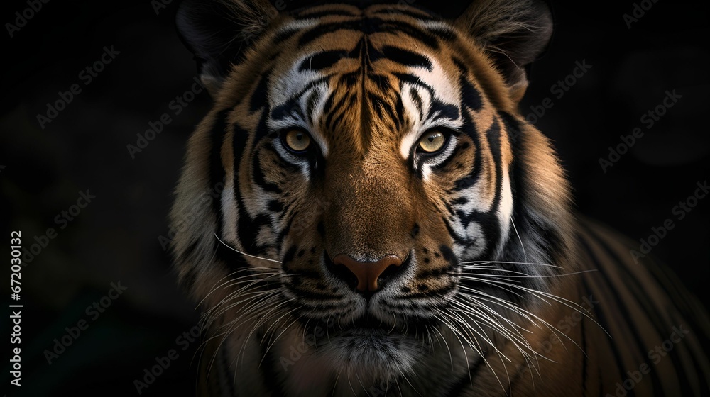 AI generated illustration of a mysterious Bengal tiger in a shadowy environment AI generated illustration of a mysterious Bengal tiger in a shadowy environment