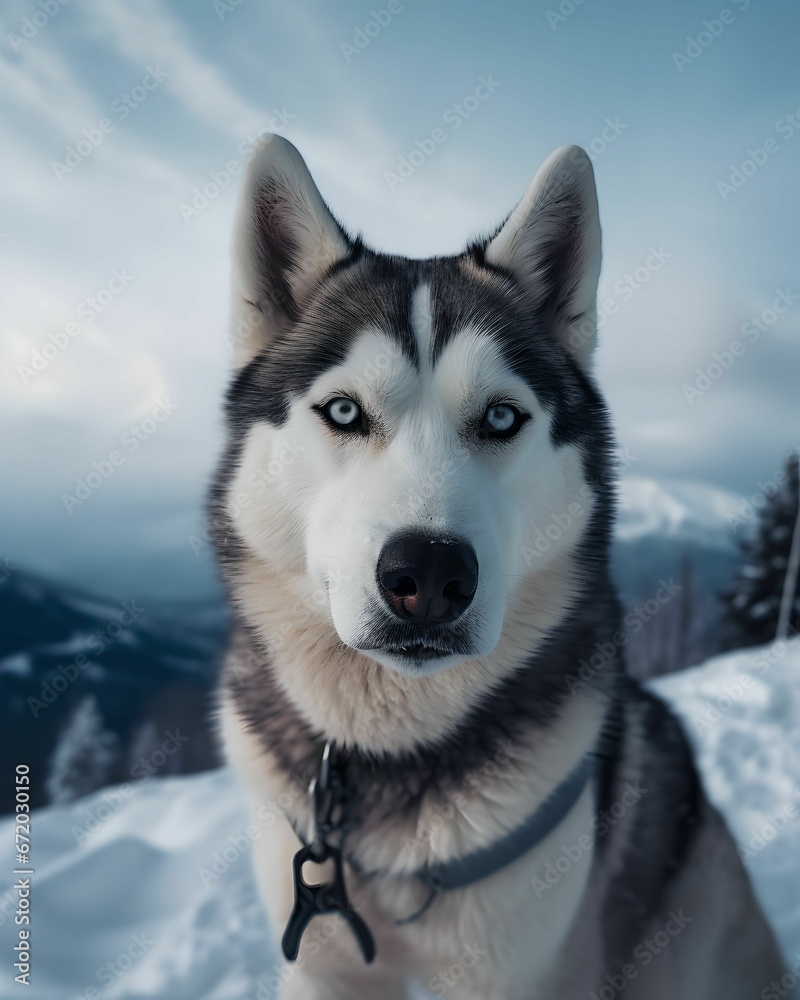 AI generated illustration of a majestic Siberian Husky in a winter wonderland