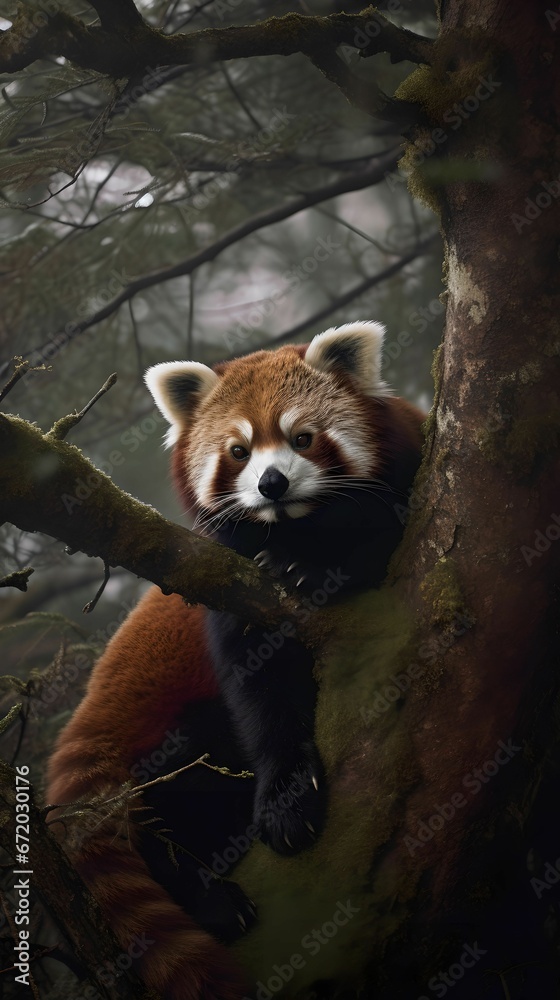 Obraz premium AI generated illustration of a red panda leaning on a tree branch