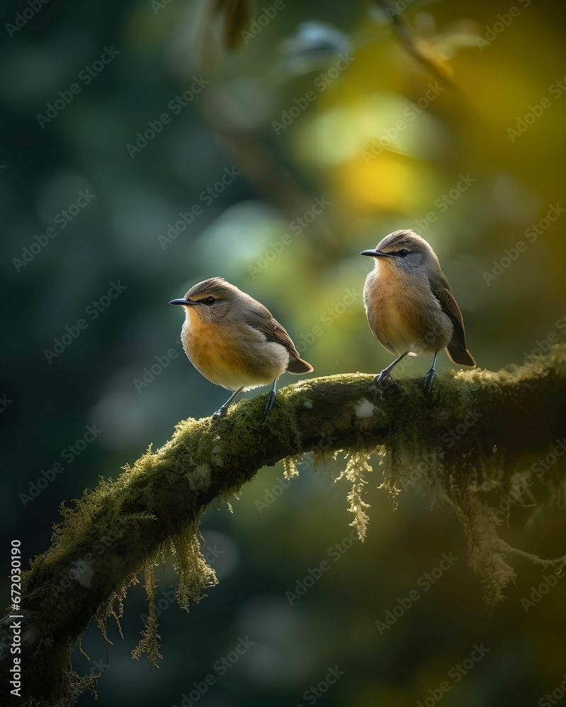 Fototapeta premium AI generated illustration of two small birds perched atop a tree branch