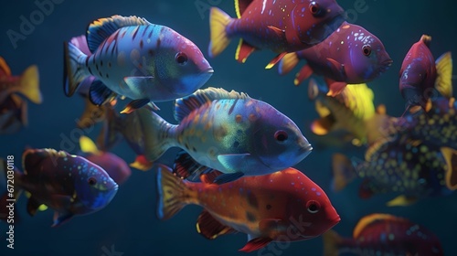 AI generated illustration of a vibrant and diverse aquarium filled with a variety of tropical fish