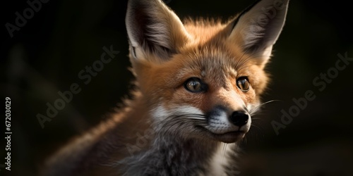 AI generated illustration of a red fox looking to the right against a dark background © Wirestock