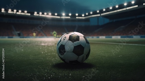 AI generated illustration of a soccer ball on an empty soccer field during the night