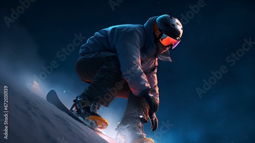 AI generated illustration of a person skiing on the skateboard on the snowy hillside