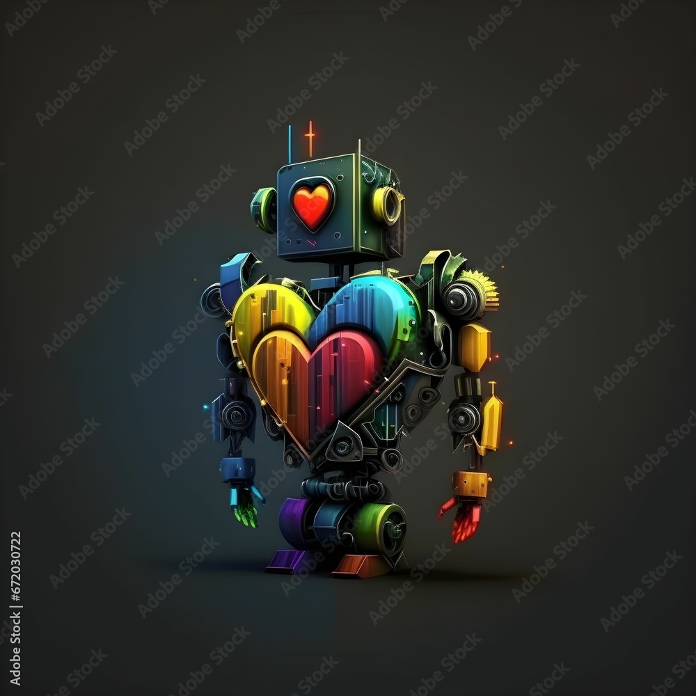 AI generated illustration of a brightly colored robotic figure with a heart-shaped design on it