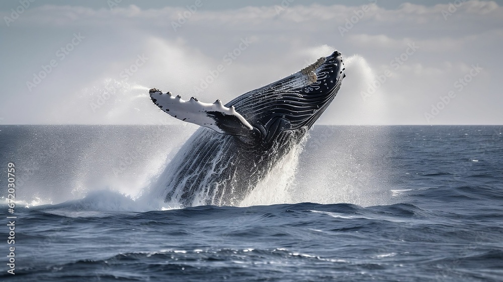 AI generated illustration of a magnificent humpback whale captured in mid-air - obrazy, fototapety, plakaty 