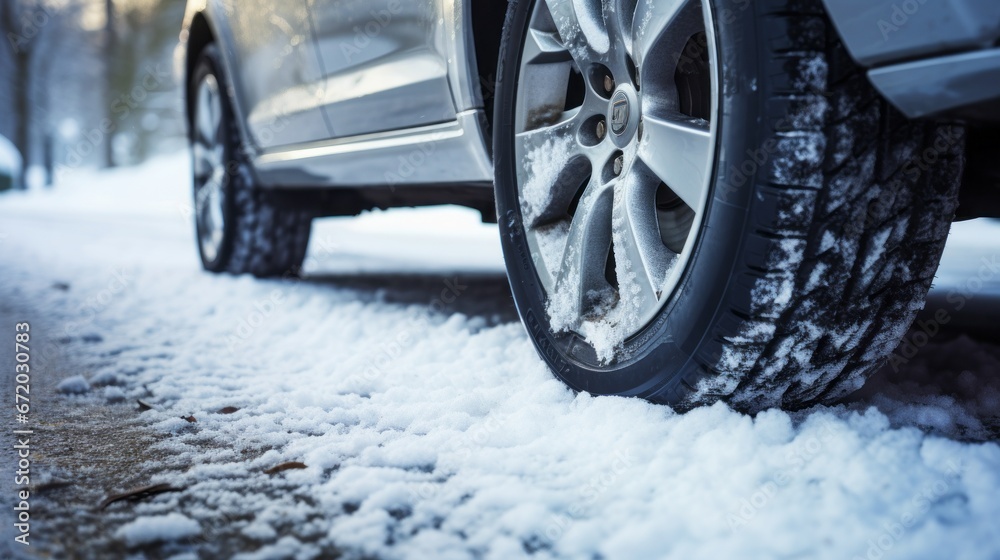 Close up of car tires in winter on the road covered with snow