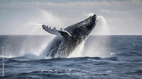 AI generated illustration of a magnificent humpback whale captured in mid-air © Wirestock