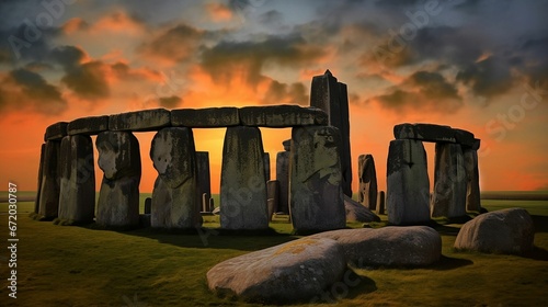 AI generated illustration of Stonehenge with the sun setting in the background