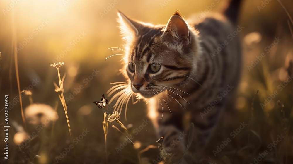 AI-generated illustration of an adorable kitten playing with butterflies in a field.
