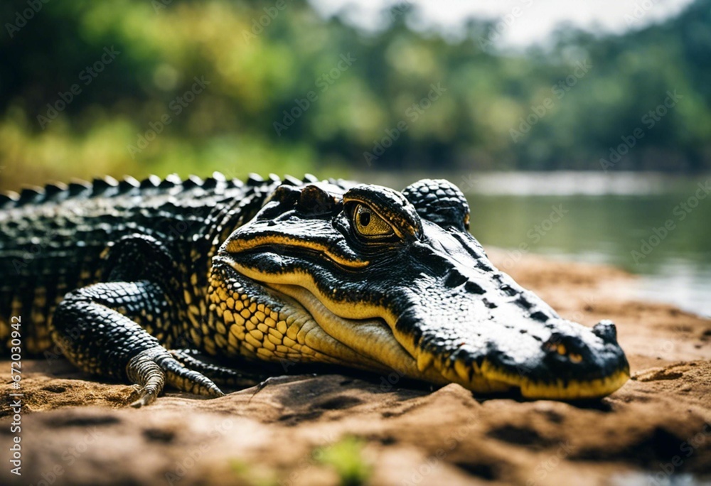 Obraz premium AI-generated illustration of an American Alligator on the ground with a blurry background