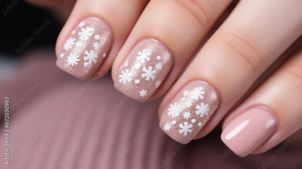 Christmas winter manicure with snowflakes. Nail Art for New Year's Celebration. Aspect ratio 16:9 Christmas winter manicure with snowflakes. Nail Art for New Year's Celebration. Aspect ratio 16:9