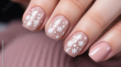 Christmas winter manicure with snowflakes. Nail Art for New Year's Celebration. Aspect ratio 16:9