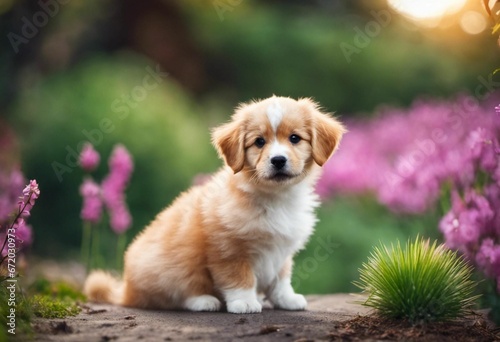 AI generated illustration of a cute brown puppy sitting in a garden