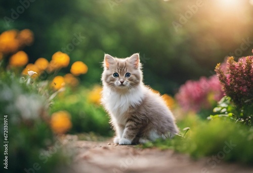 AI generated illustration of a cute fluffy kitten sitting in a garden