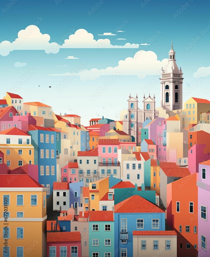 AI generated illustration of a vibrant cityscape featuring a colorful array of buildings