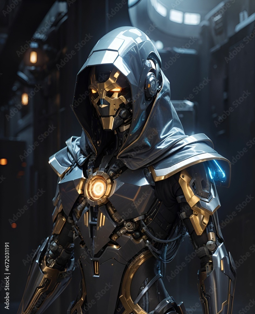 Fototapeta premium AI generated illustration of a person in a robotic costume with a cape