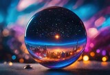AI generated illustration of a crystal clear sphere with a miniature cityscape inside