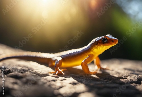 AI generated illustration of a small yellow lizard atop a rocky surface illuminated by the sun