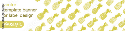 Template pineapple banner, pattern seamless, pineapples illustration, hand drawn vector exotic fruit for vegan banner, juice or jam label design. Natural ananas background for healthy food packaging.