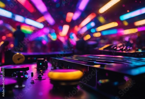 AI generated illustration of a professional DJ set-up in a nightclub atmosphere