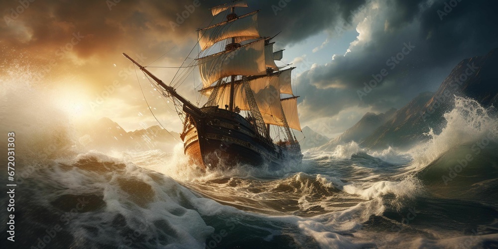 a ship is in rough waters near land under a dark sky - obrazy, fototapety, plakaty 
