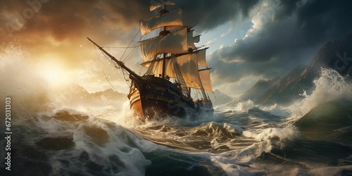 a ship is in rough waters near land under a dark sky photo