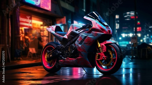 AI generated illustration of a motorcycle parked on the side of a dark, rural road at night