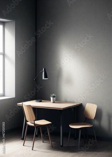 AI generated illustration of chairs and a desk against a minimalistic gray wall