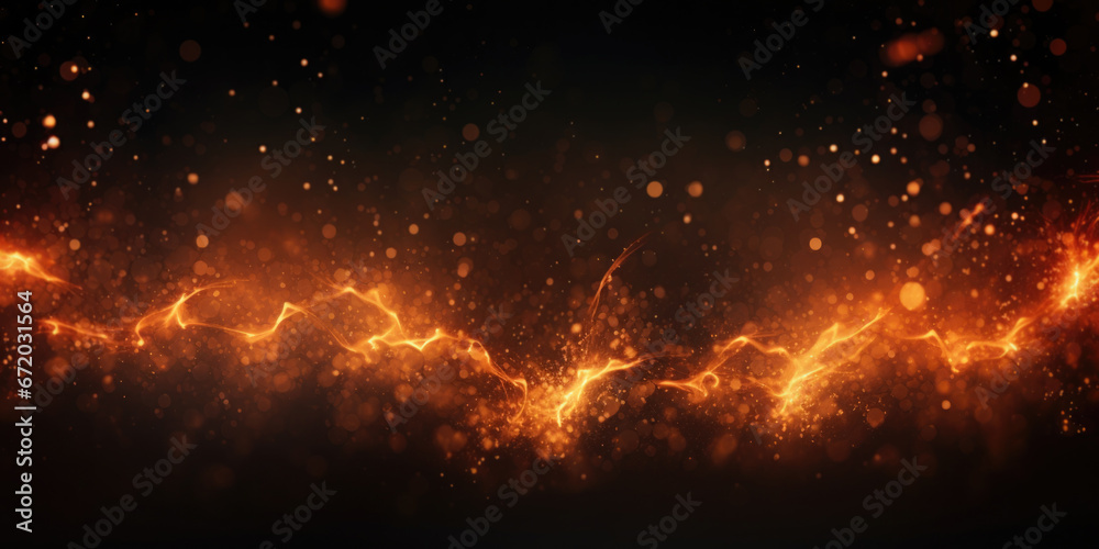 Fire embers particles over black background. Fire sparks background. Abstract dark glitter fire particles lights, generative ai