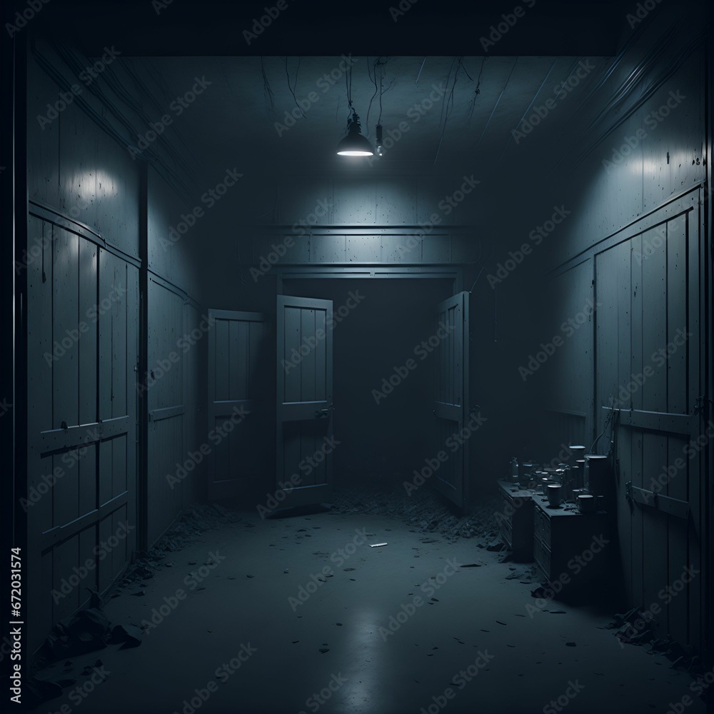 AI generated illustration of an empty hallway in a dimly-lit room with open doors
