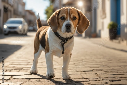 AI generated illustration of A beagle in the middle of a bustling city street